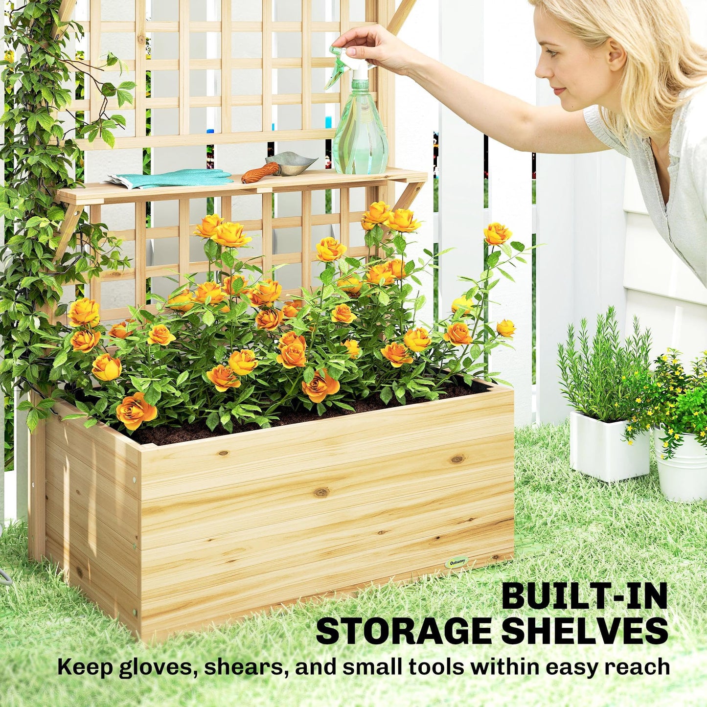 Outsunny Wooden Raised Garden Bed with Trellis and Roof, Elevated Outdoor Planter Box with 2 Shelves, Drainage Hole and Liner for Climbing Plants Vegetables Flowers, Natural