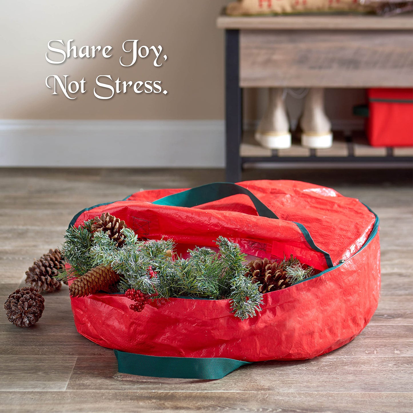 ZOBER Christmas Wreath Storage Container 36 Inch - Wreath Bag for Artificial Wreaths Box - Dual Zippered Wreaths Storage Bag with Strong Durable Handles - Red