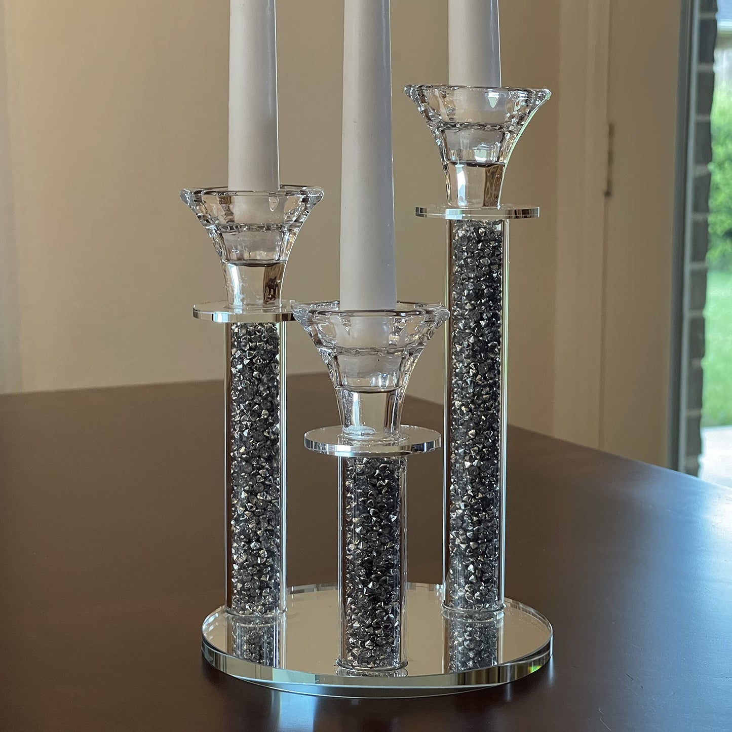 Allgala 9 Inch Tall 3-Pillar Filled with Diamond Like Stone Filled Crystal Candlesticks with Mirror Base-Silver-HD89124