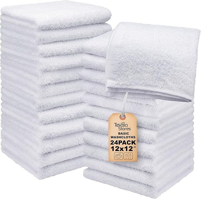 Basic Wash Cloths 12x12 Inches – Bulk Pack of 24 – White Color – Soft and