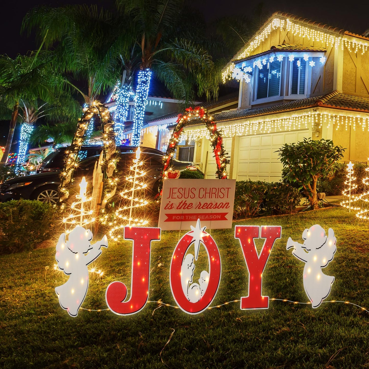 Christmas Joy Nativity Scene Yard Sign with LED String Light Decorations Large Xmas Nativity Lawn Religious Scenes Yard Signs with Stakes for Christmas Eve Night Holiday Xmas Home Outdoor Garden Decor