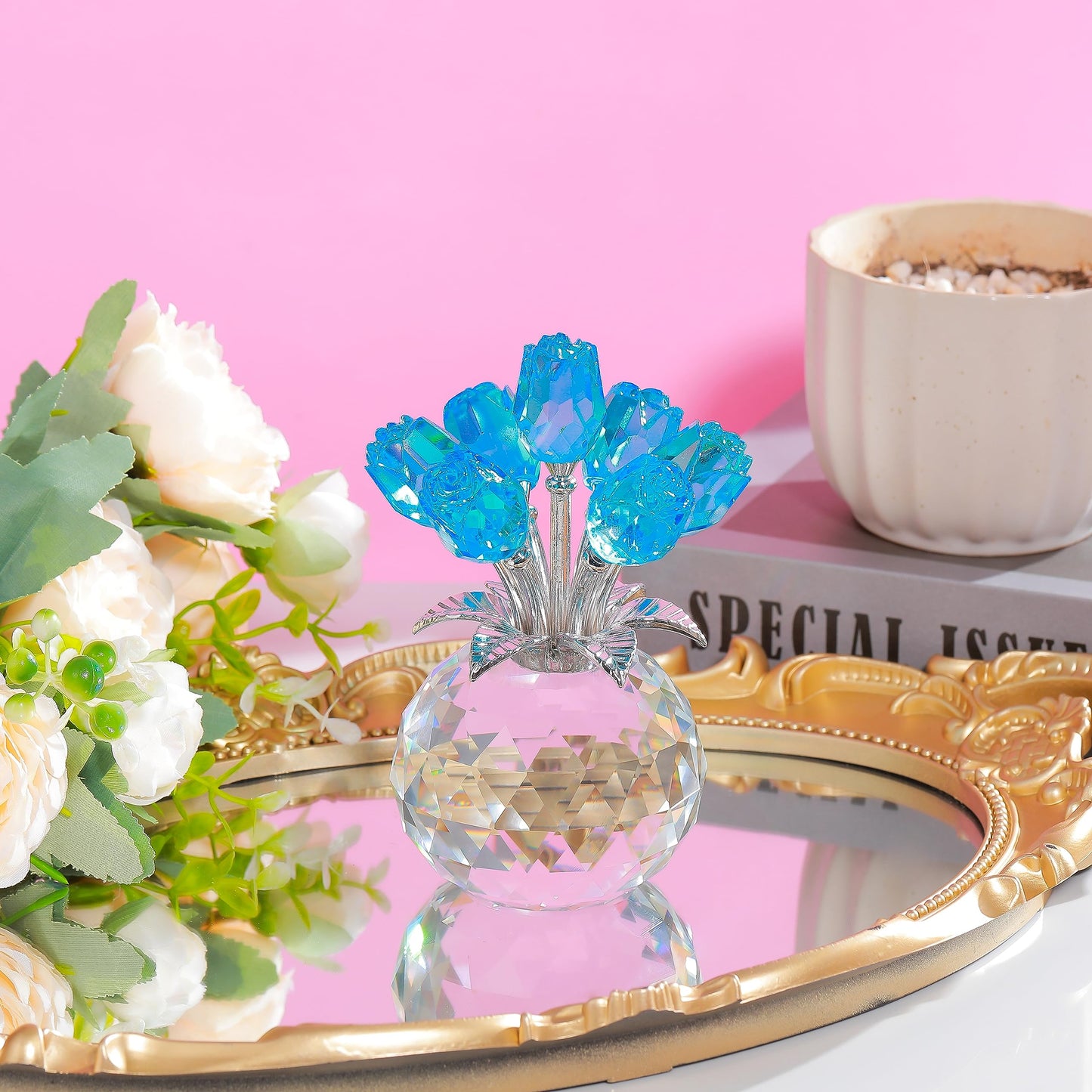 Lake Blue Rose Crystal Figurine with Vase, Bouquet Flowers Ornament Gifts for Wife, Girlfriend, Women - Handmade Crystal Flower Collectible Home Table Decor for Valentine Day, Wedding Anniversary