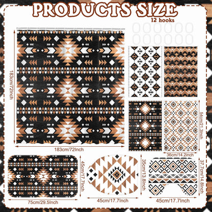 FuWeave 8 Pcs Western Aztec Shower Curtain Set, Southwestern Boho Geometric Bathroom Decor with Waterproof Curtain, Non Slip Rugs, Toilet Lid Cover, Bath Mat & 12 Hooks, Abstract Pattern for Bathroom