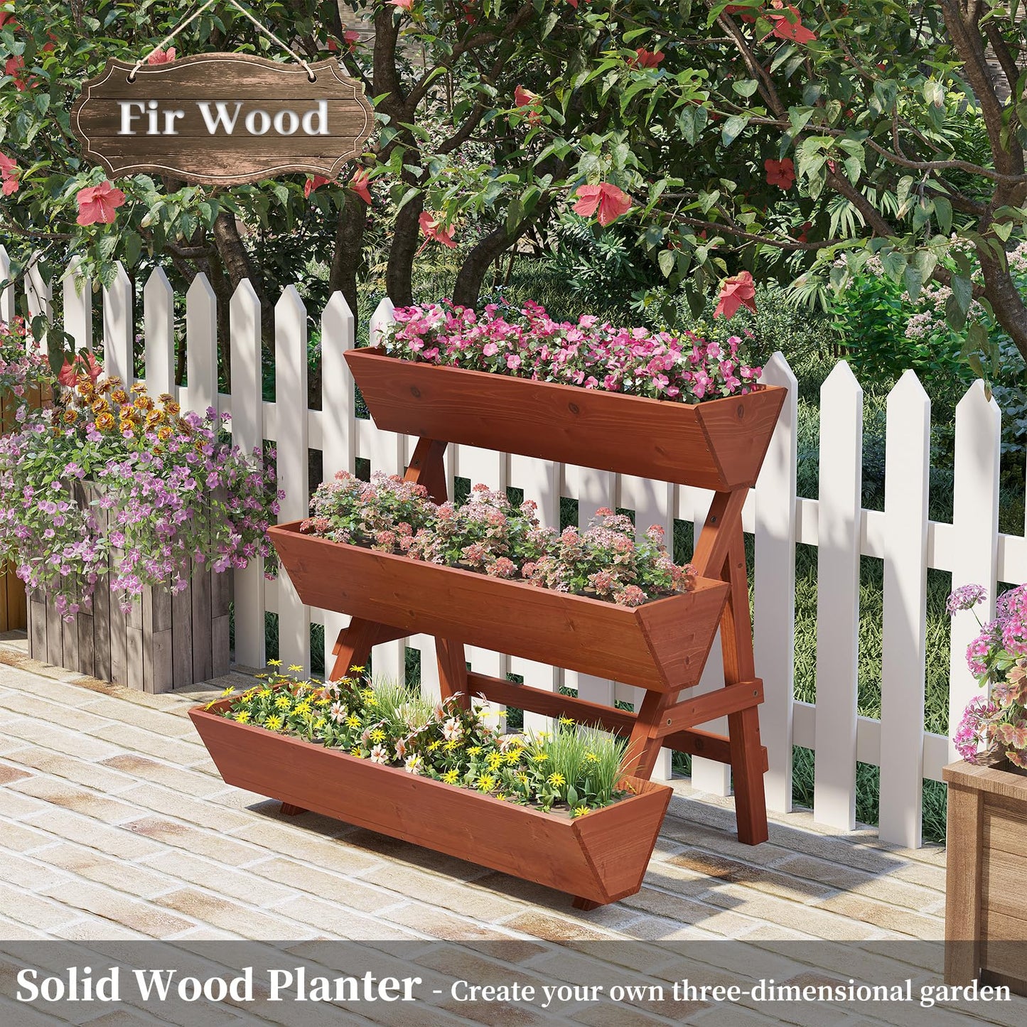 Kitsanery 3-Tiers Wooden Raised Garden Bed,Wood Planter Box for Vegetable,Flower Rack,Flower Pot Stands,Indoor Outdoor Gardening Planting Beds (Brick red, Large)
