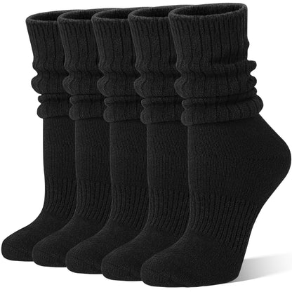 Sandsuced Womens Black Slouchy Boot Socks Winter Warm Cozy Slouch Scrunch Winter Fuzzy Fluffy Crew Socks 5 Pairs Gifts Stocking Stuffers(Black, M)