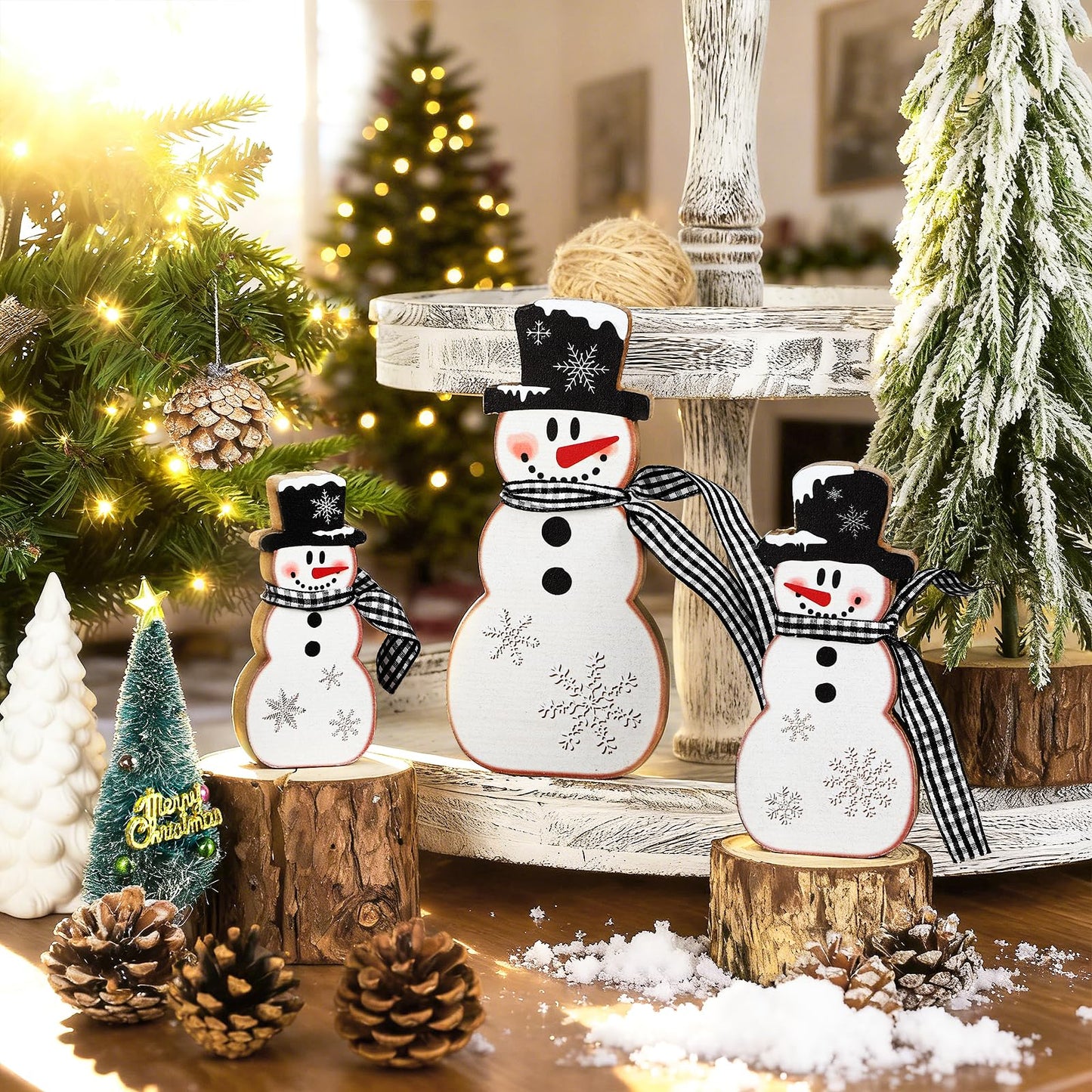 3 Pcs Christmas Snowman Table Decor Wooden Snowman Tables Centerpieces Block Winter Wood Tabletop Sign Rustic Merry Xmas Decorations Indoor for Tiered Tray Office Desk Shelf Home Mantel Holiday Party