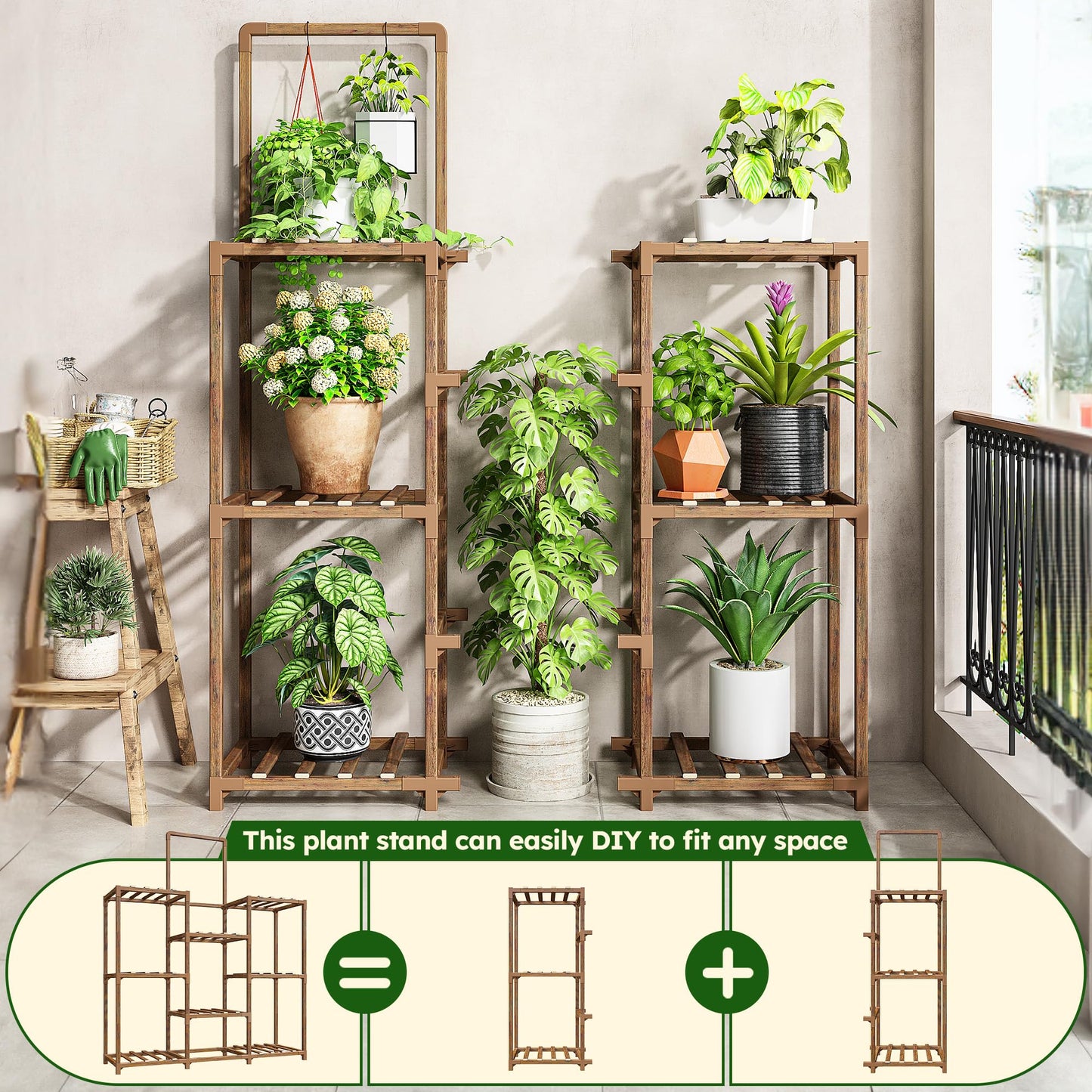 EnHomee Plant Stand, 8 Tiers Indoor Plant Stand for Multiple Plants Pot, Wood Plants Shelves for Living Room, Patio, Balcony, Yard, Garden, 34.3" W x 11.8" D x 47.2" H