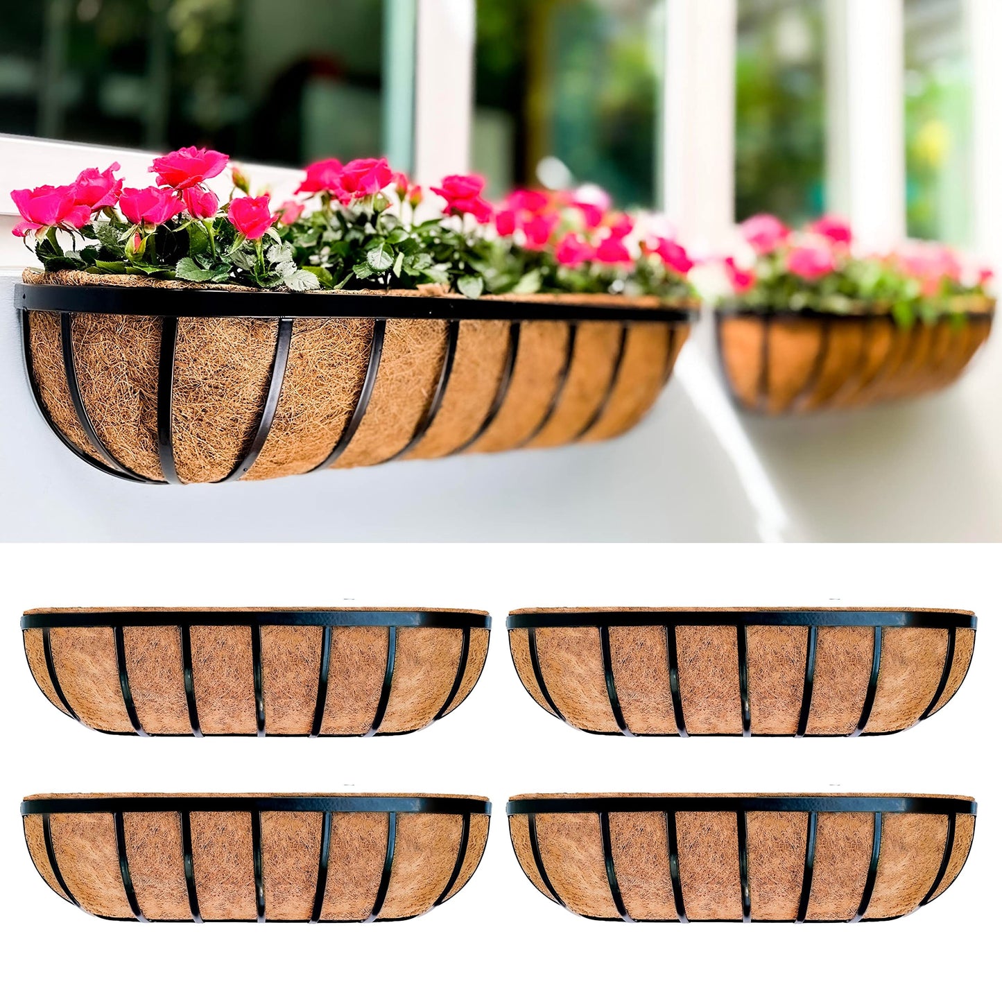 LaLaGreen Fence Planters for Outdoor Plants (24 Inch, 4 Pack) Black Metal Window Boxes Planter To Attach To House, Wall Mounted Flower Coco Baskets Outside Deck Railing Balcony Garden Porch Patio Rail