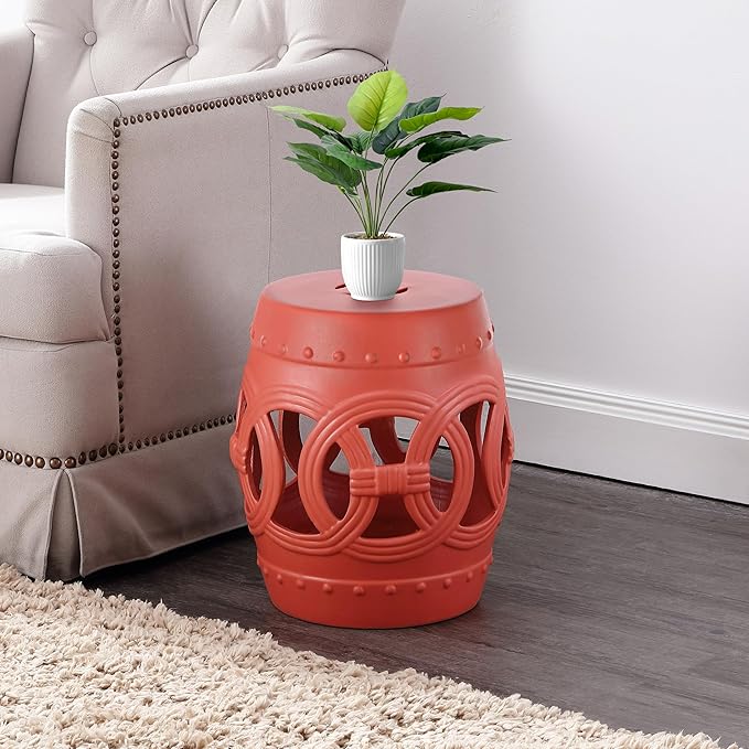 JONATHAN Y TBL1022G Lucky Coins 16" Chinese Ceramic Drum Indoor/Outdoor Garden Stool Bohemian, Coastal, Cottage, French Country, Traditional, for Living Room, Garden Room, Patio, Matte Coral