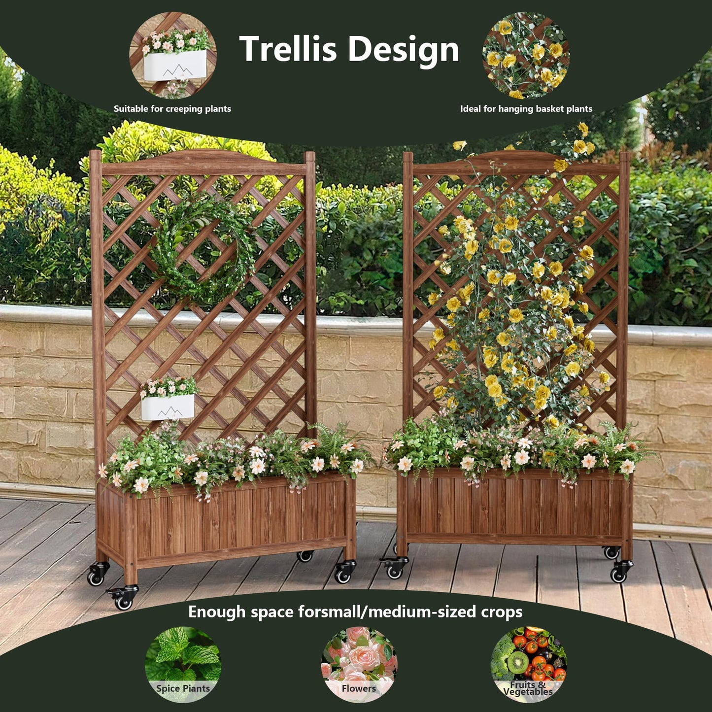 ScienGarden Upgraded 2-Pack 50" Tall Trellis Planter Box with Wheels, 49.8"H × 27.6"W × 13.0"D Solid Fir Wood Raised Garden Bed & Lattice Privacy Screen, Rolling Planter with Drainage for Patio/Garden