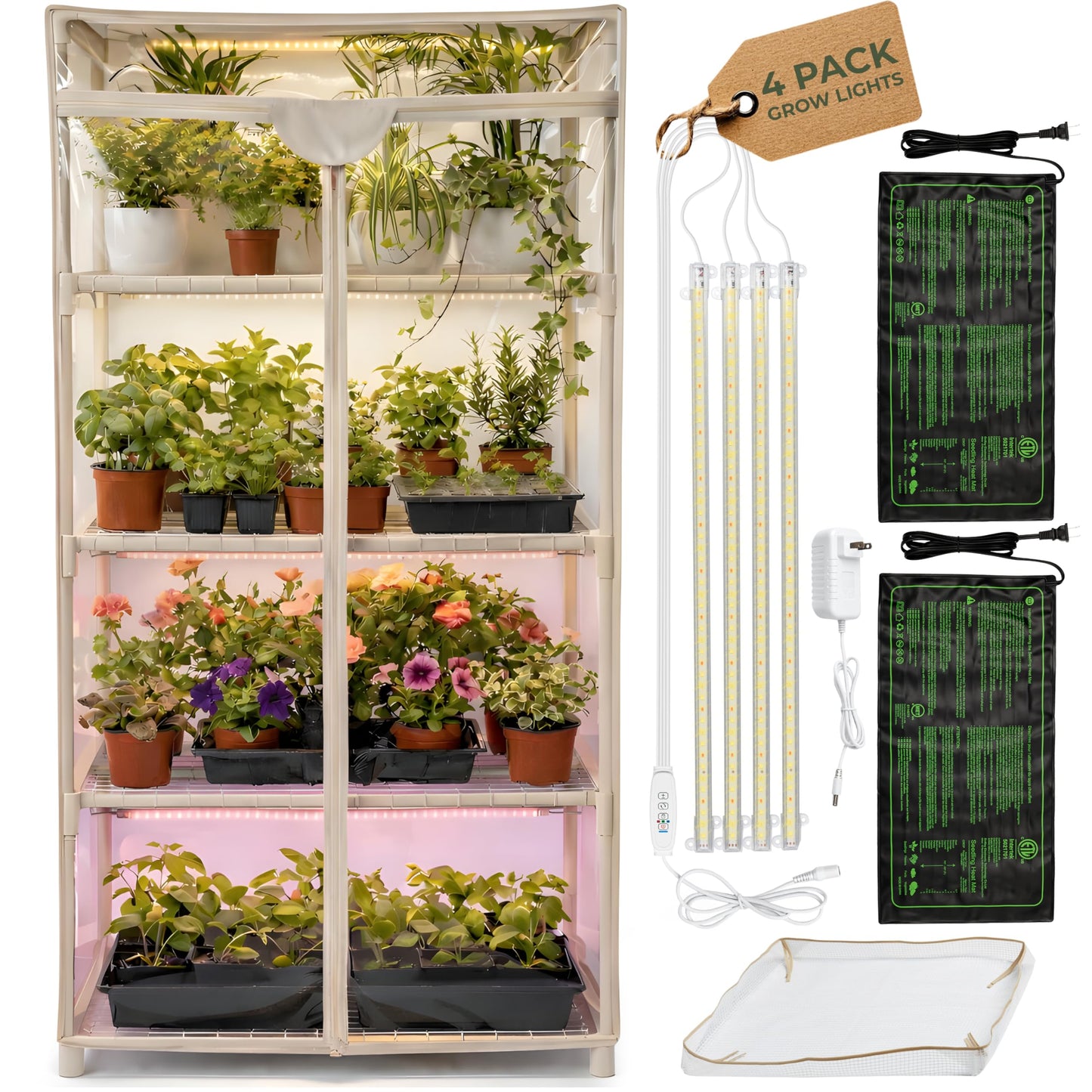 Carpathen Indoor Greenhouse with Grow Light - 4 Tiers 27.2"L x 19.3"W x 54"H with 2 Heat Mats and 4 Dimmable 15W Full Spectrum LED Light Strips w Spectrum Control - Mini Greenhouse with Zip PVC Cover