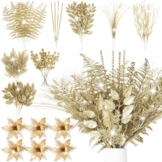 60 Pcs Christmas Tree Decorations Champagne Christmas Picks and Sprays 9 Style Xmas Ornaments of Glitter Poinsettia Flowers Artificial Branches Fern Berry Stems for Vase Fillers Wreath Holiday Party