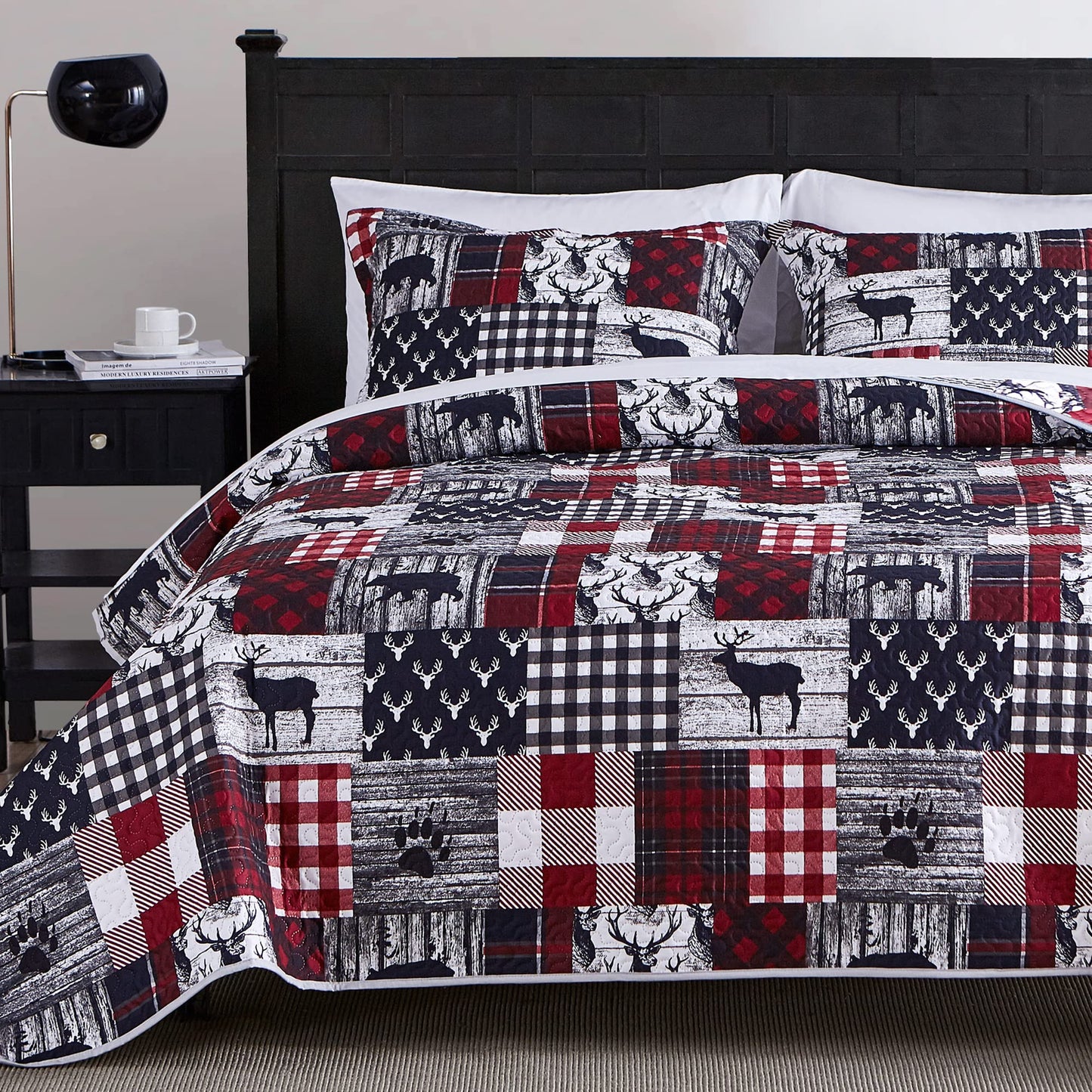 UMCHORD Cabin Quilt Set Queen, Christmas Rustic Quilt Coverlet Bed Set, 3-Piece Lightweight Reversible All Season Quilt Set, Lodge Bedspread Quilt with 2 Shams