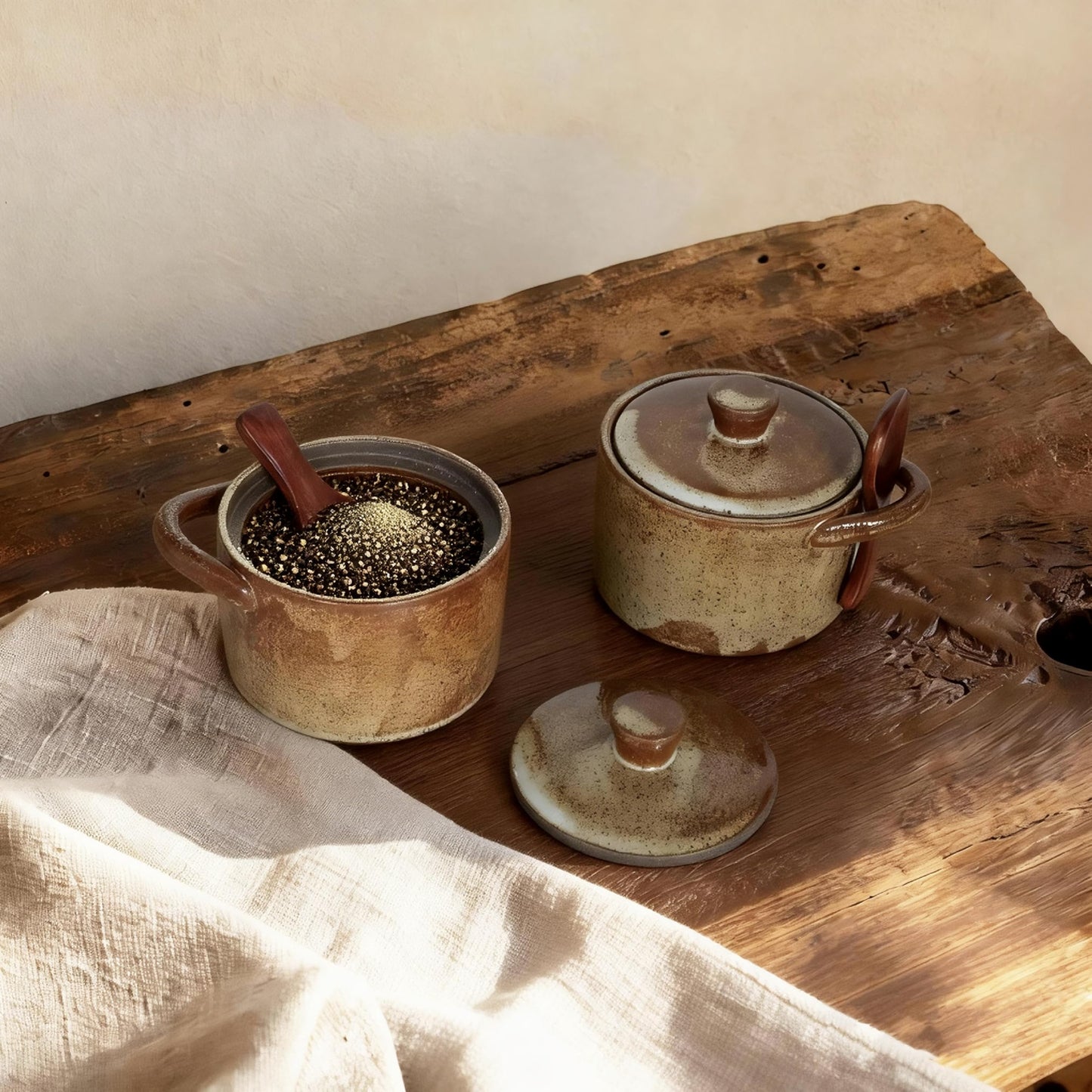 seicasaya Handcrafted Speckled Ceramic Salt Cellar with Wooden Spoon, Rustic Vintage Spice Jar, Dishwasher Safe, 8.45 fl oz (Peckled Ceramic set of 2)