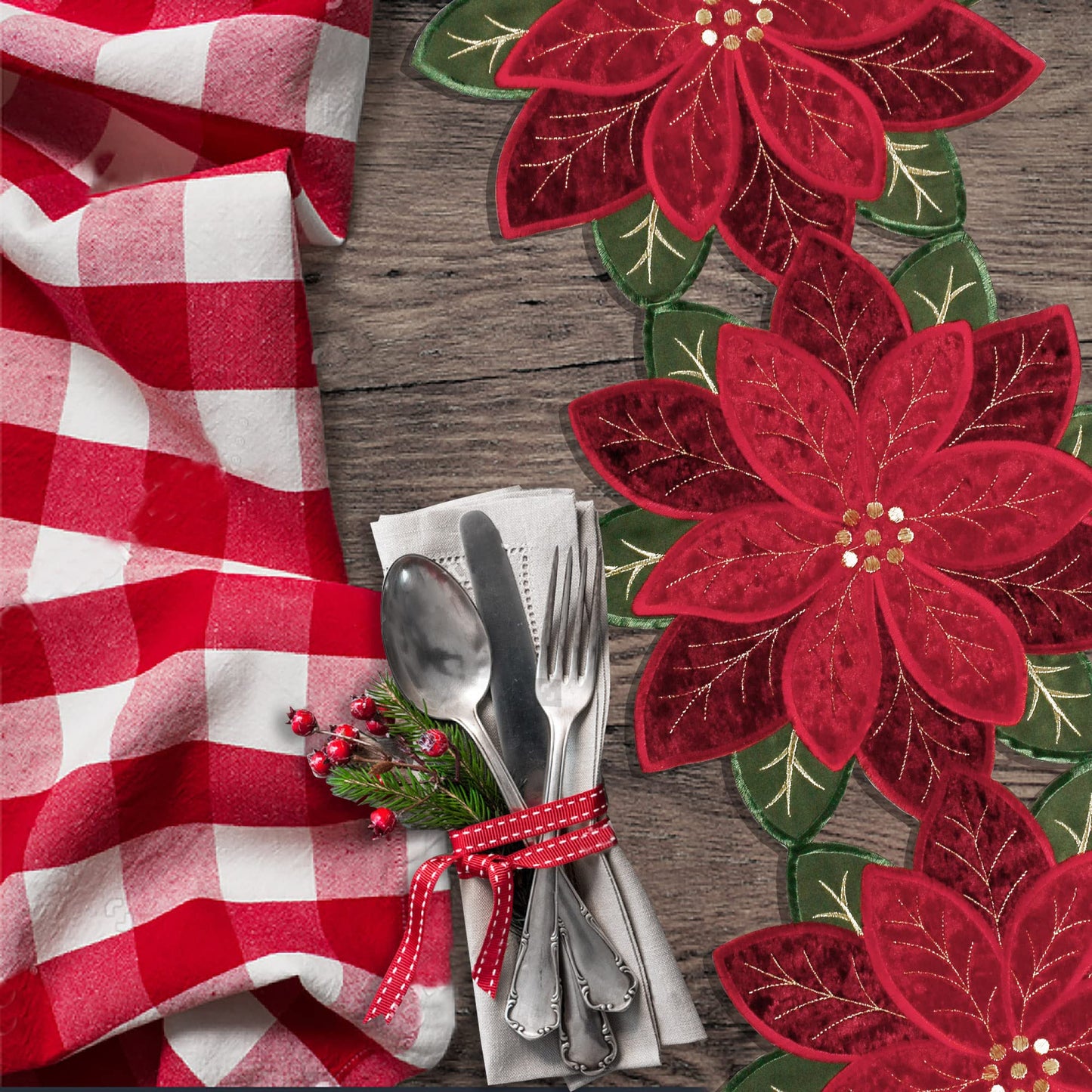 OWENIE Christmas Red Table Runner, Embrodered Velvet Fabric Poinsettia Table Runners for Holiday Table Decor, Small Short Table Runner 36 Inches Long, Red, 13 x 36 Inches