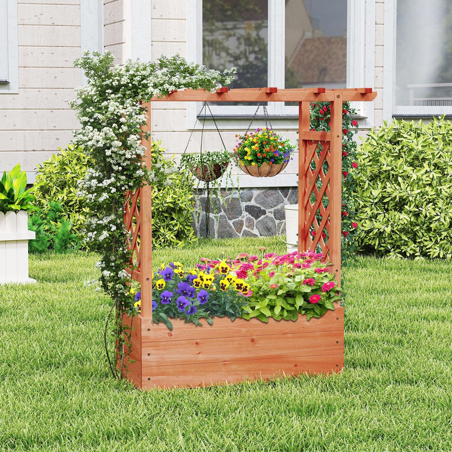Giantex Set of 2 Raised Garden Bed with 2-Sided Trellis & Hanging Roof, Fir Wood Planter Box w/Drainage Holes, Freestanding Garden Planter for Flowers Herbs Climbing Vines (43"x15"x45")