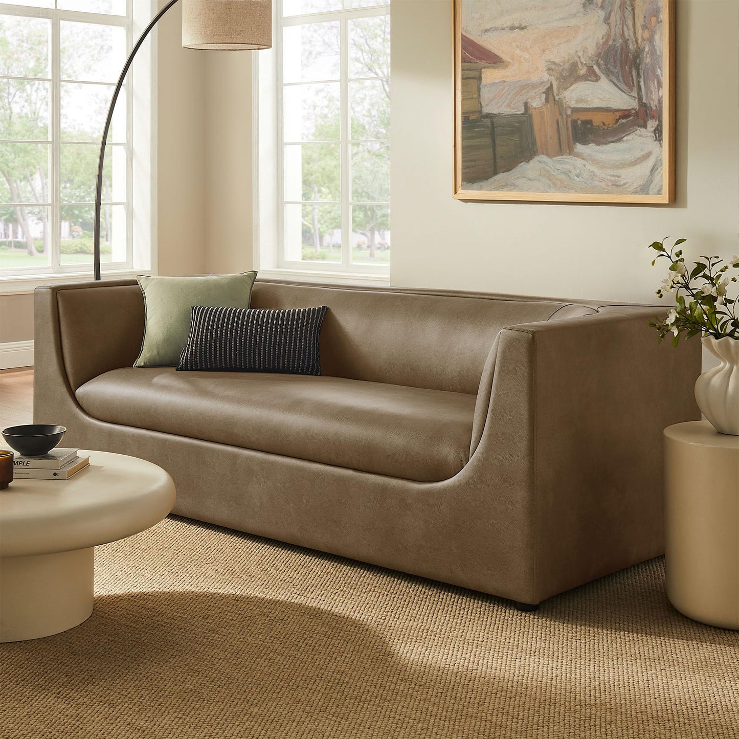Modway Hilda 86 Inch Modern Curved Back Faux Leather Sofa in Mushroom – Vegan Leather Upholstered 3-Seat Couch for Living Room, Apartment, Office