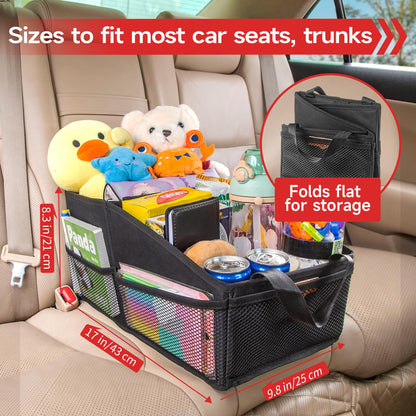 SURDOCA Car Seat Organiser for Front or Backseat, Travel Storage Accessories for Kids, Backseat Organiser with Tray for Toys, Snacks, Cups, Books, Tissue, Tidy and Clean