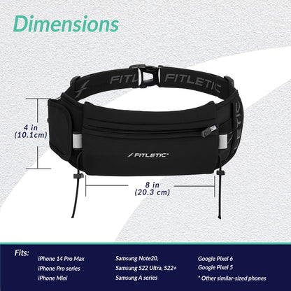 Fitletic Running Belt with Side Pocket, Loops for Energy Gels, Race Bib Number Holder. Waist Pack Water Resistant Phone Holder. Model Ultimate II Black
