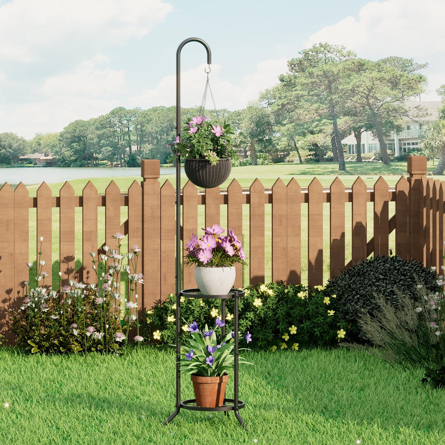 2-Tier Hanging Plant Stand, Heavy Duty Metal Planter Rack - Space Saving Indoor/Outdoor Shelves with 41" Hanging Space - Display Multiple Flower Pots, Tall Iron Plant Organizer for Living Room, Patio & Garden