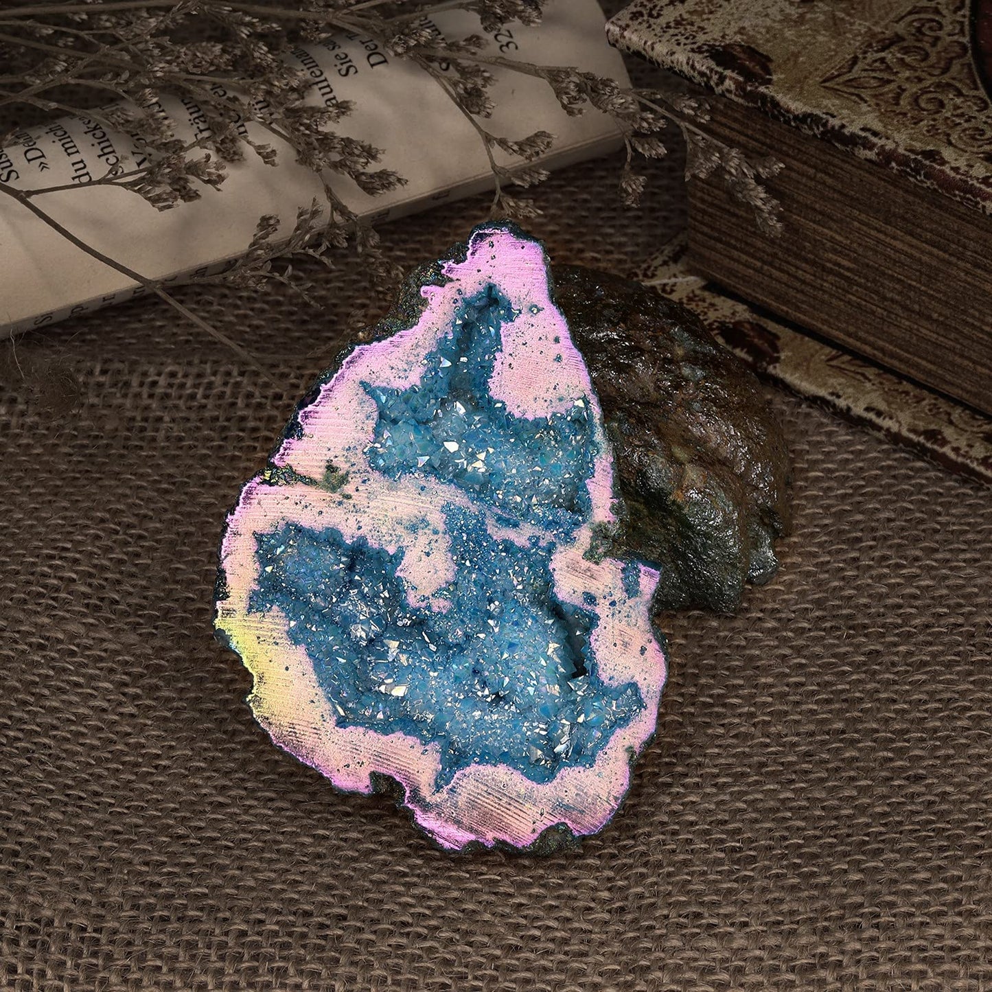 SUNYIK Pack of 2 Rainbow Aura Titanium Coated Crystal Cluster & Natural Rainbow Titanium Coated Quartz Geode