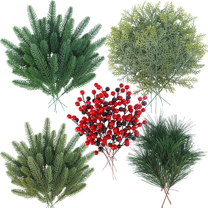 Winlyn 65 Pcs Artificial Pine Branches and Red Berries Stems Christmas Greenery Stems Cedar Picks for Christmas Tree Wreath Winter Wedding Holiday Floral Arrangement Table Centerpiece DIY Crafts
