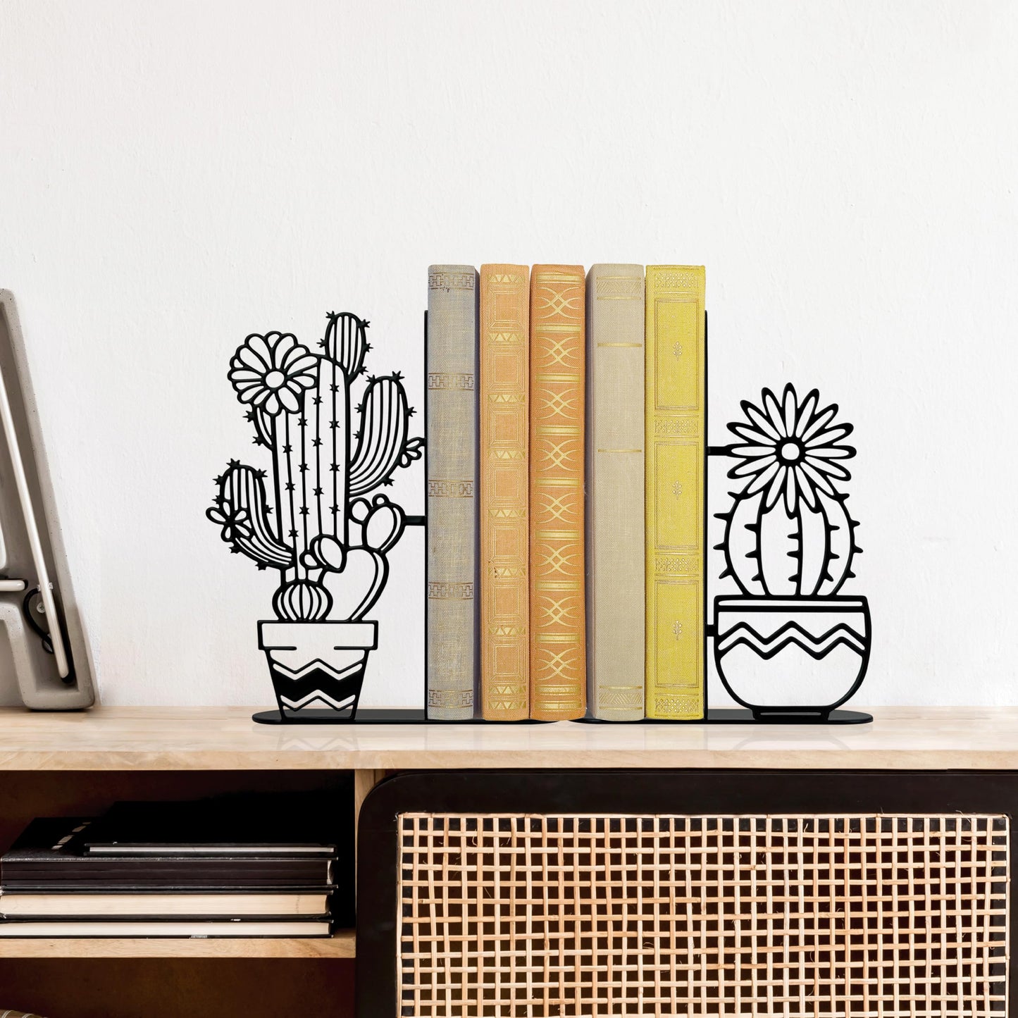 Metal Cactus Planter Book Ends, Dual Wave Pot Design Unique Cute Bookends with Rust Proof Coating, Home Office Decor & Gift for Book Lovers