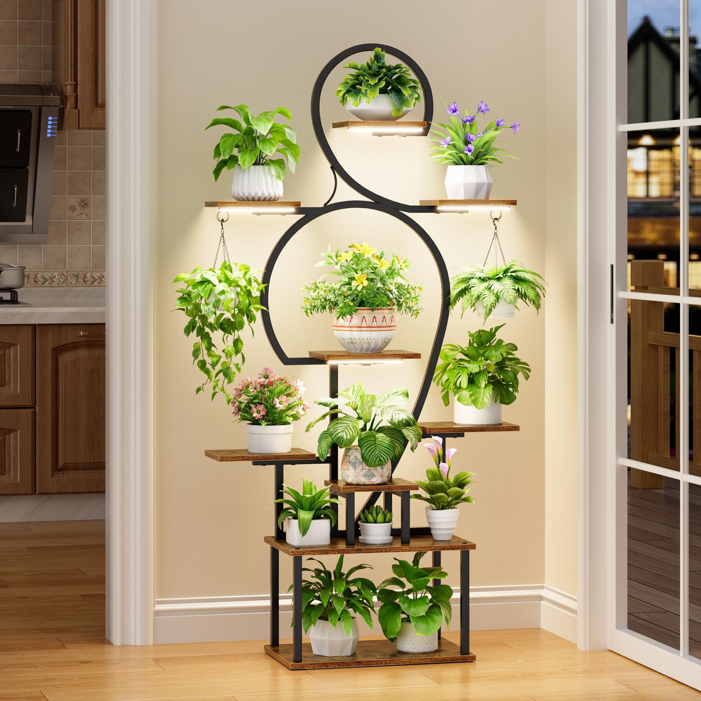 POZILAN Plant Stand Indoor with Grow Lights, 63'' Tall Indoor Plant Shelf, 9 Tiered Lighted Plant Stands for Living Room, Metal & Wood Corner Large Flower Holder for Alcony, Patio & Home, Black