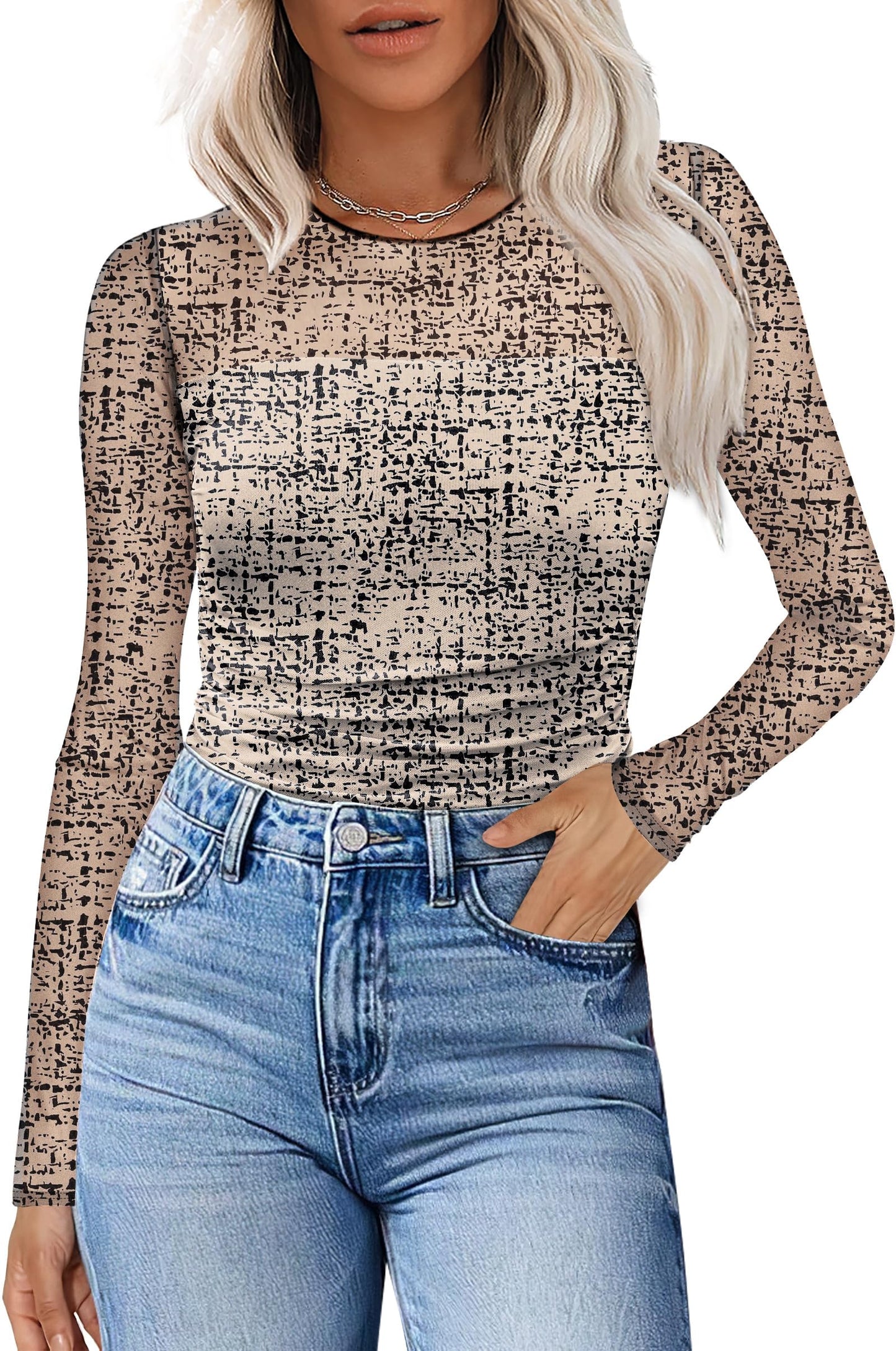 XIEERDUO Women's Sexy Sheer Long Sleeve Tops Crew Neck Mesh Ruched Going Out Shirts Blouse Date Night Outfits