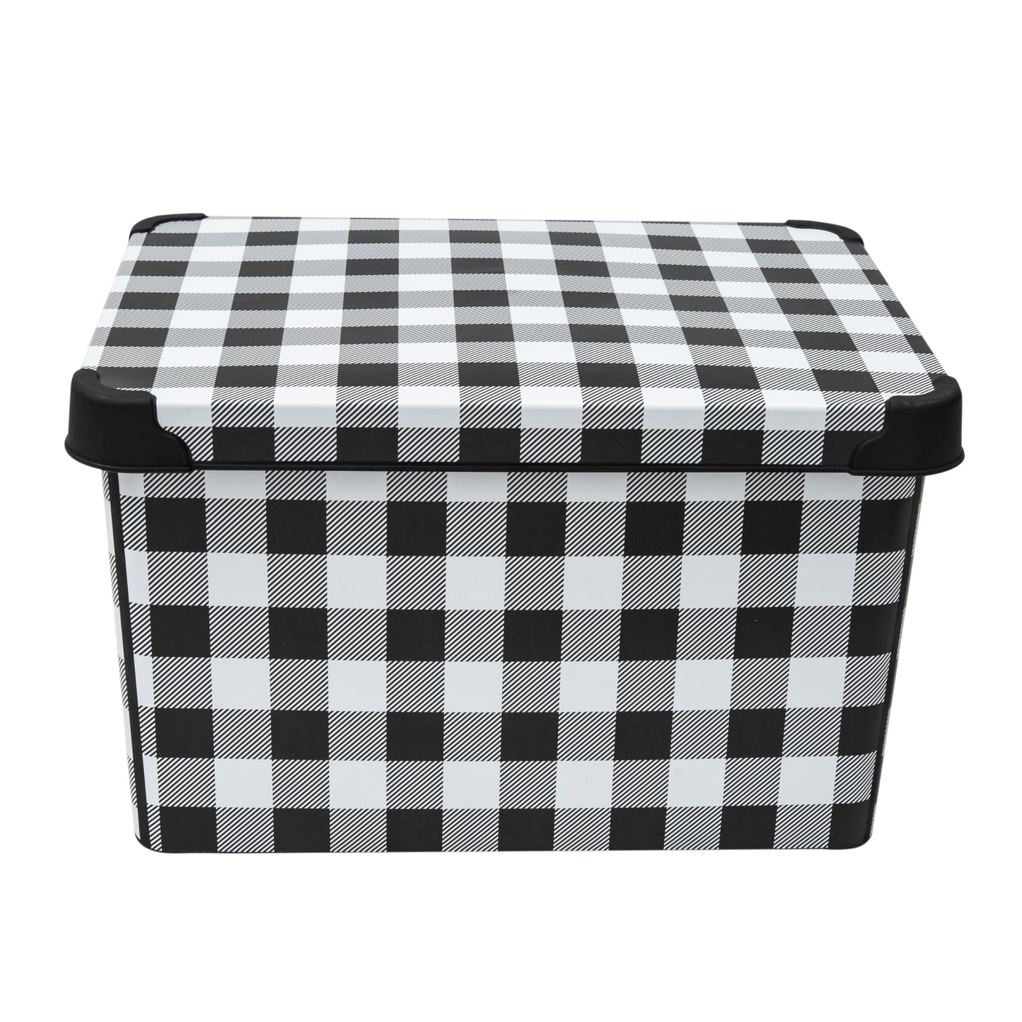 Simplify Checkered Design Storage Bin | Christmas Tote | Holiday Décor Decorations Organizer | Buffalo Plaid Design | Lidded | Stackable | Black and White