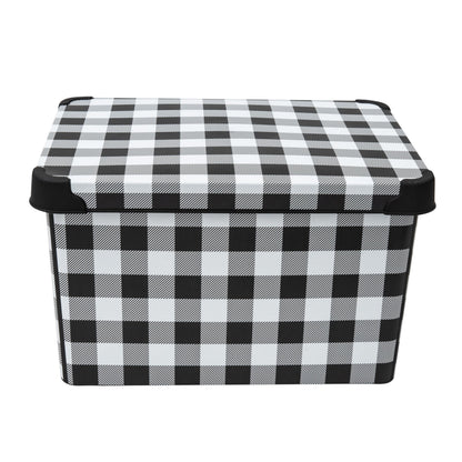 Simplify Checkered Design Storage Bin | Christmas Tote | Holiday Décor Decorations Organizer | Buffalo Plaid Design | Lidded | Stackable | Black and White
