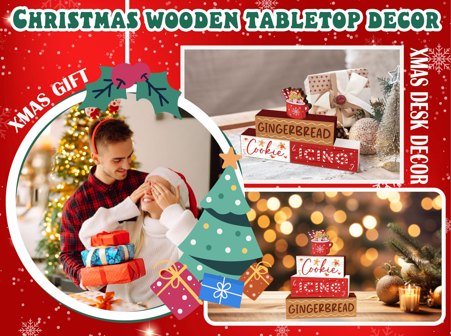 4 Pcs Hot Cocoa Christmas Decor, Gingerbread Table Decorations, Christmas Tiered Tray Desk Decor Gifts, Cookie Icing Winter Wooden Stack Block Signs Table Centerpiece for Farmhouse Office -B10