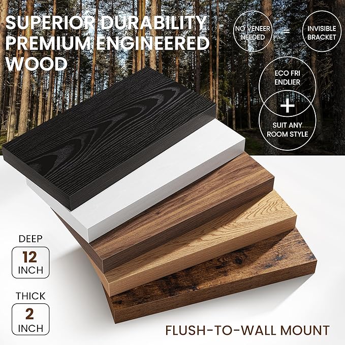 36Inch Oak Floating Shelves for Wall, 12 Inch Deep Shelves for Bedroom