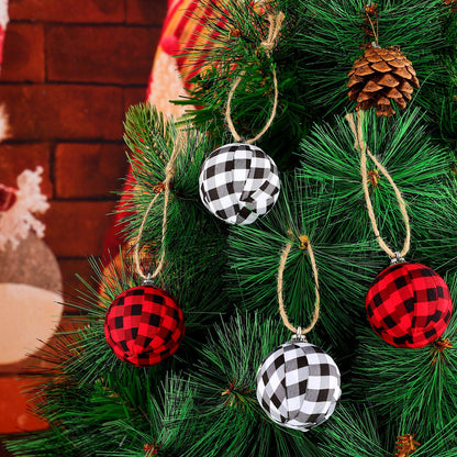 12 Pieces Christmas Buffalo Plaid Fabric Ball Ornament Decorative Plaid Ball Hanging Ornament for Christmas Farmhouse Decorations Supplies (White and Black, Red and Black)