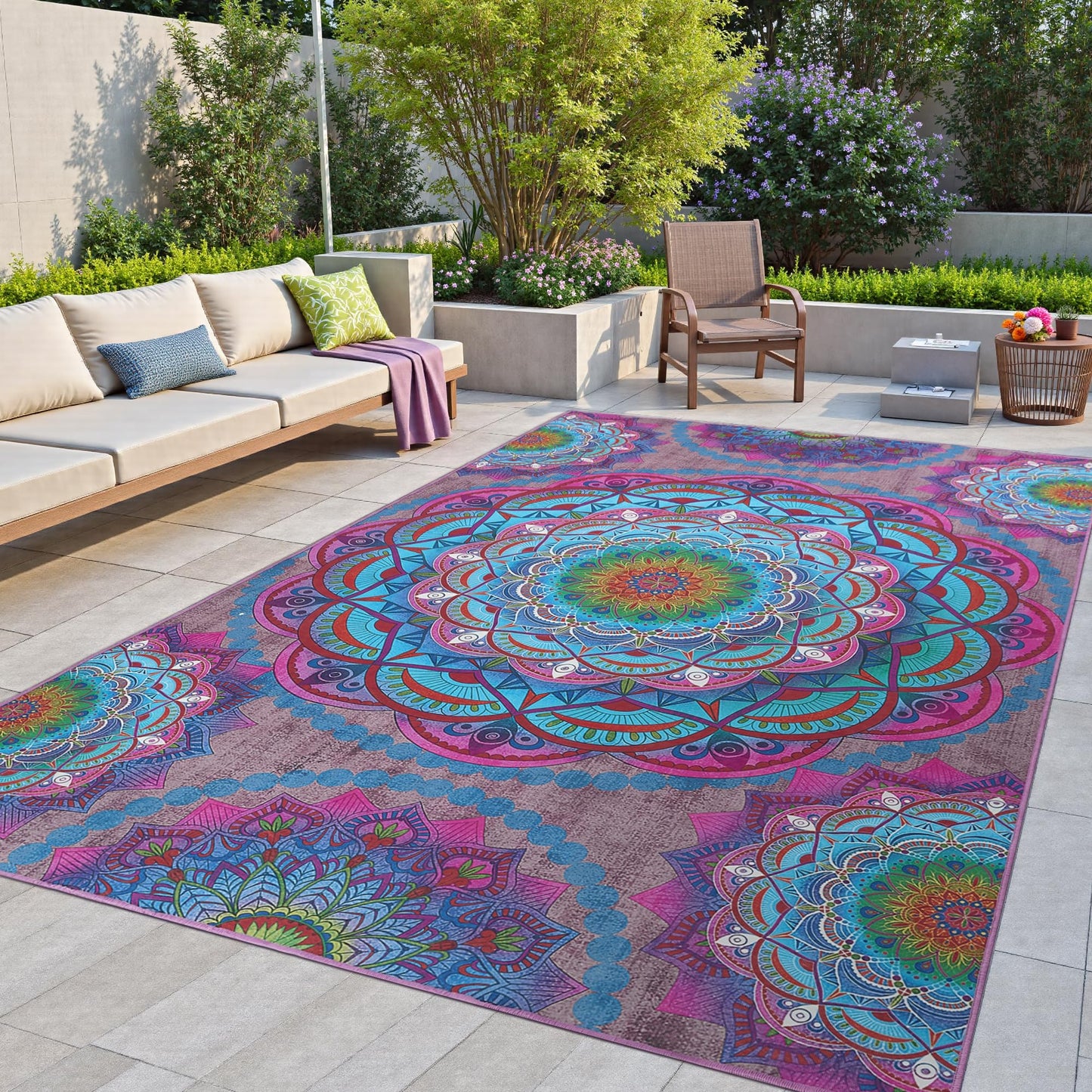 Arenarug Meditation Indoor Outdoor Rug 8x10 ft Mandala Pattern Rug Boho Style,Yoga Meditation Mat Picnic Rug for Patio Living Room Porch Garden Deck Backyard Easy to Clean Non Shedding Non-Slip