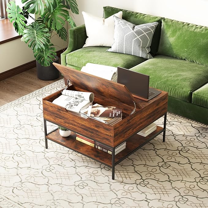 Farmhouse Coffee Table with Hidden Storage 32 in, Square Wood Living Room