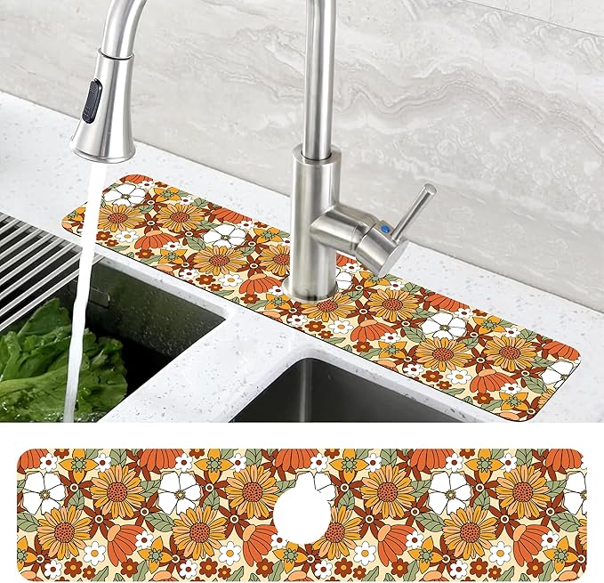 70s Retro Orange Floral Kitchen Sink Splash Guard Mat Absorbent Fast Drying Mat