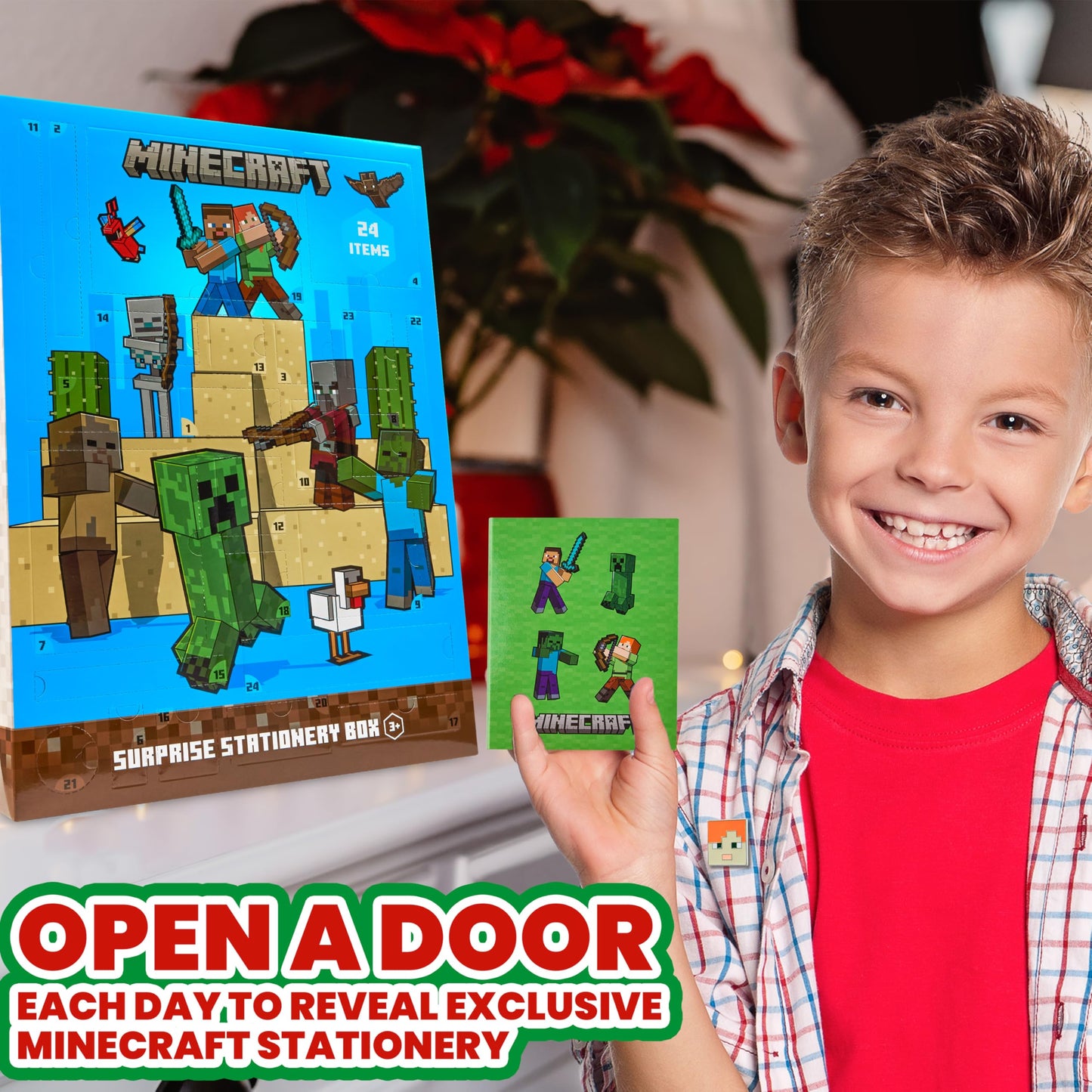 Minecraft Advent Calendar 2025 Stationery and Accessories Creeper Christmas Countdown Calendar Pens Gamer Stickers Keyring (Blue/Green)