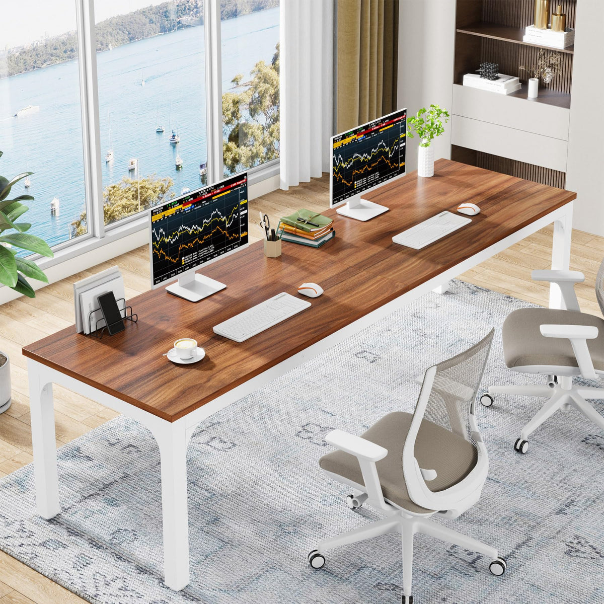 Tribesigns 78.7 Inches Extra Long Computer Desk 2 Person Desk, Double Long Desk, Workstaion for Home Office (Walnut+White)