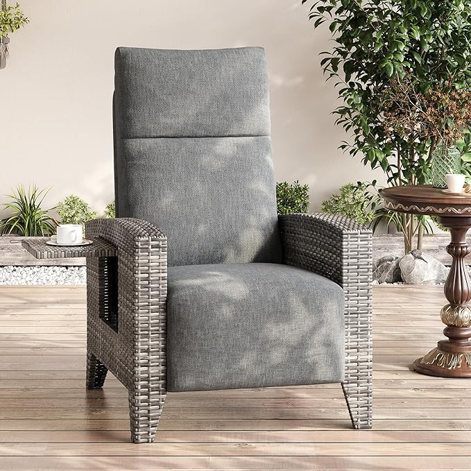 IDEALHOUSE Wicker Outdoor Recliner Reclining Patio Chairs with Adjustable Back & Footrest 150° Lay-Flat Reclining with Air Pump Rattan Flip-Up Side Table Outdoor Lounge Chairs for Pool Deck Balcony