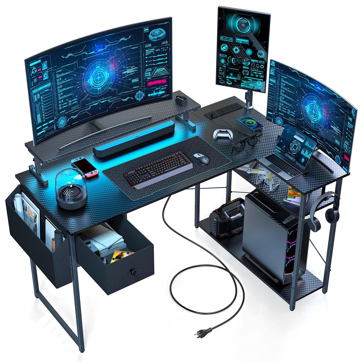 DOMICON Gaming Desk, 47 inch L Shaped Gaming Desk, Computer Desk with LED Lights & Adjustable Stand, Power Outlets, Storage Drawer, Reversible with Shelves, Hook, Black Carbon Fiber
