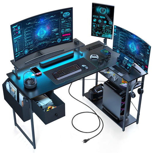 DOMICON Gaming Desk, 47 inch L Shaped Gaming Desk, Computer Desk with LED Lights & Adjustable Stand, Power Outlets, Storage Drawer, Reversible with Shelves, Hook, Black Carbon Fiber