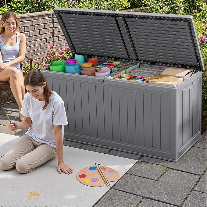 JUMMICO 270 Gallon Outdoor Storage Deck Box with Divider, Double Wall Storage Box with Lockable Lid for Garden Tools, Pools Supplies (Gray)