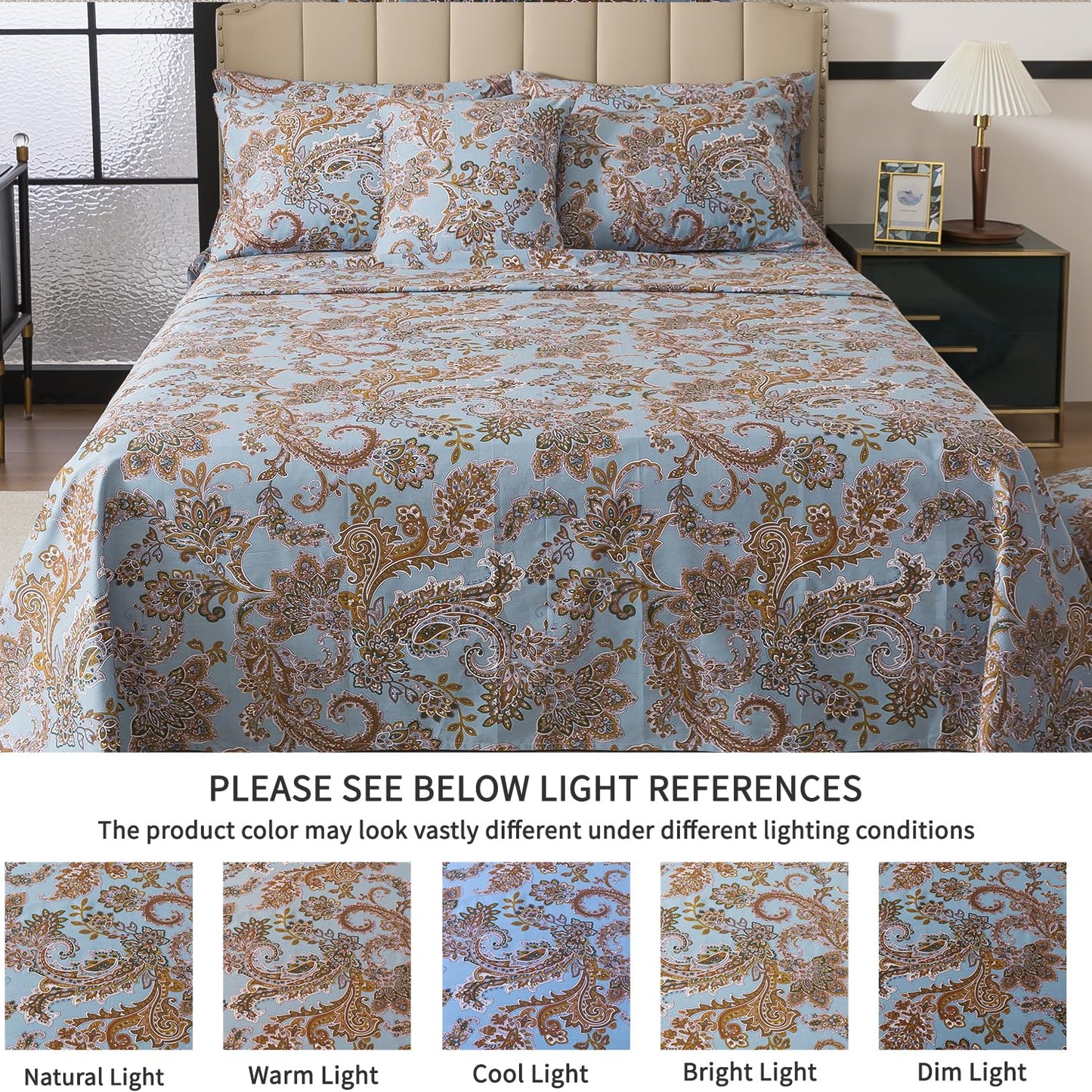 FADFAY King Sheet Set, Vintage Blue Paisley 4-Piece 100% Cotton Bed Sheets, Soft & Breathable Deep Pocket Fitted Sheet, Classic Elegant Style for All Seasons