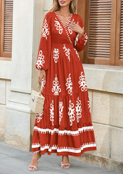 PRETTYGARDEN Women's 2025 Fall Wedding Guest Dresses Boho Floral Long Sleeve V Neck Flowy Elegant Maxi Dress Beach Clothes