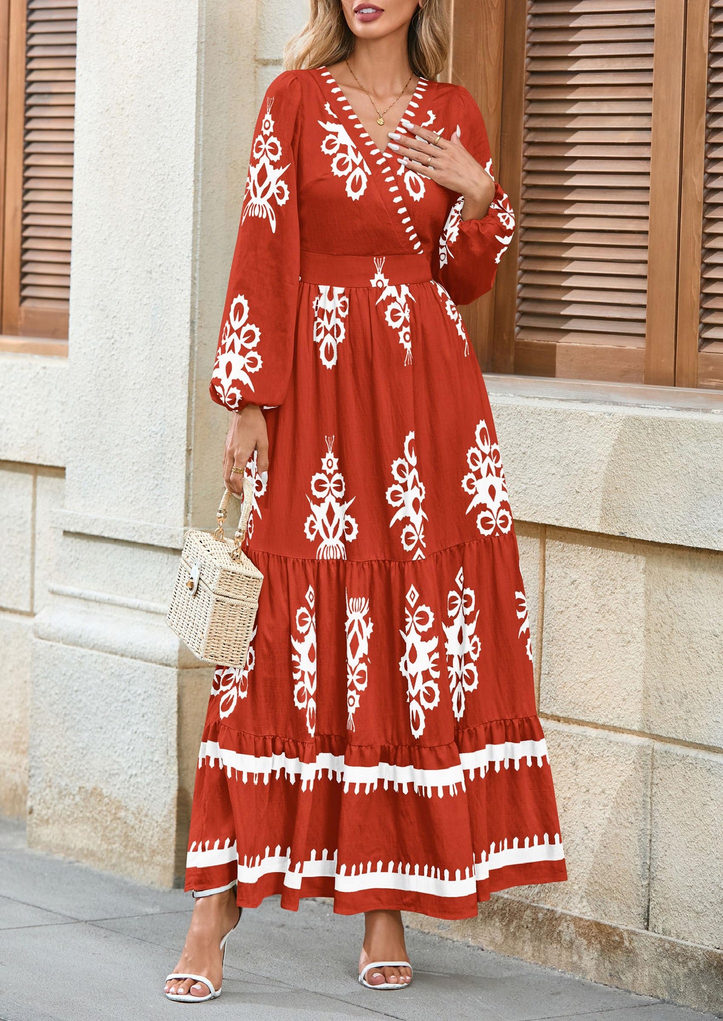 PRETTYGARDEN Women's 2025 Fall Wedding Guest Dresses Boho Floral Long Sleeve V Neck Flowy Elegant Maxi Dress Beach Clothes