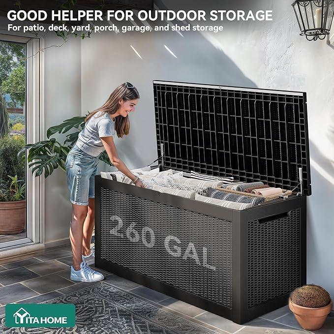 YITAHOME XXL 260 Gal Large Deck Box, Outdoor Resin Storage Box, Rattan Storage Container for Patio Furniture, Garden Tools, Waterproof, Lockable (Black)