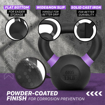 Yes4All Powder Coated Kettlebell, Cast Iron Core Kettlebells with Non-Slip Handle & Flat Bottom for Conditioning, Heavy Duty for Strength Training, 9lb to 71lb - Single & Pair