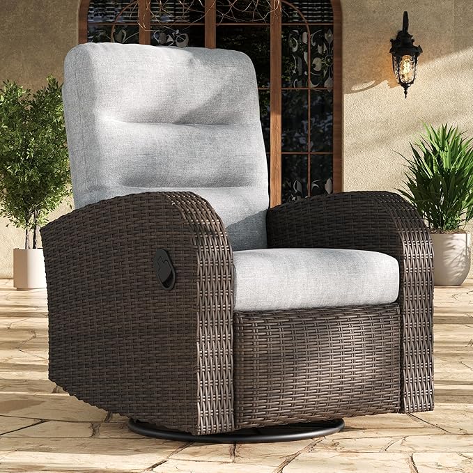 LayinSun Oversized Wicker Outdoor Swivel Glider Recliner with Adjustable Backrest & Footrest, Patio Reclining Lounge Chair