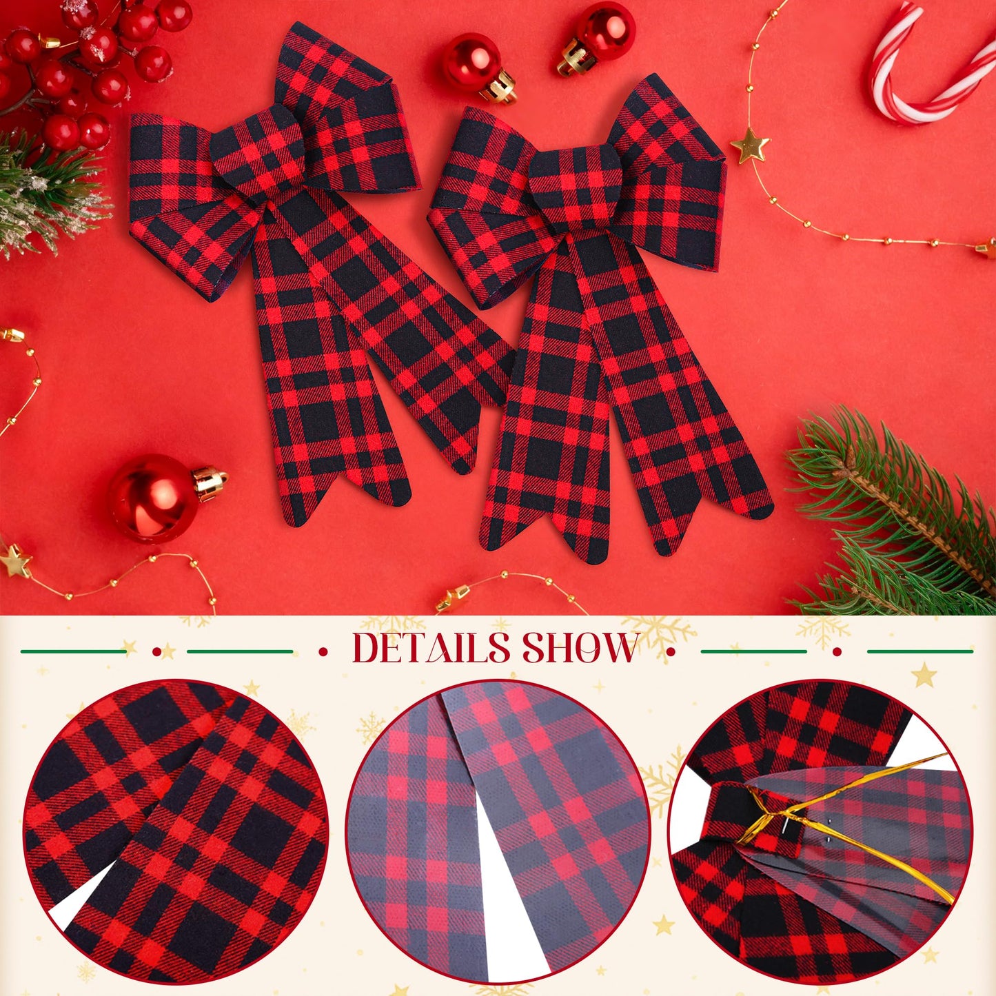 Aneco 6 Pieces Red Buffalo Plaid Christmas Bows for Holiday Wreaths, Xmas Velvet Decoration, Party